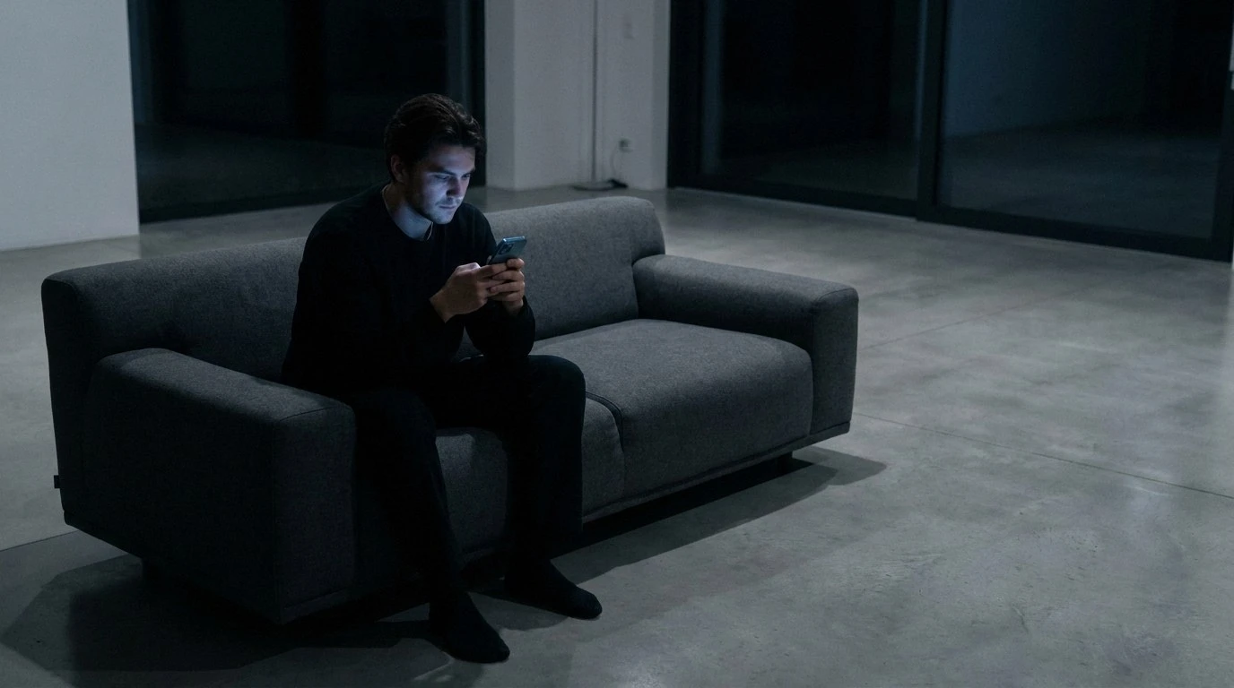 A man in dark clothing sits on a grey minimalist sofa in a dimly lit, spacious room. He is looking at a smartphone