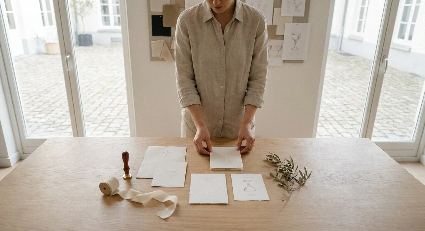 A person stands at a table arranging textured cards with cross and chalice motifs. A ribbon, wax stamp, and olive